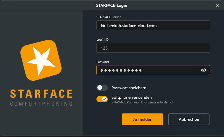 Anmeldefenster des STARFACE Softphones mit Server, Login-ID und Passwort